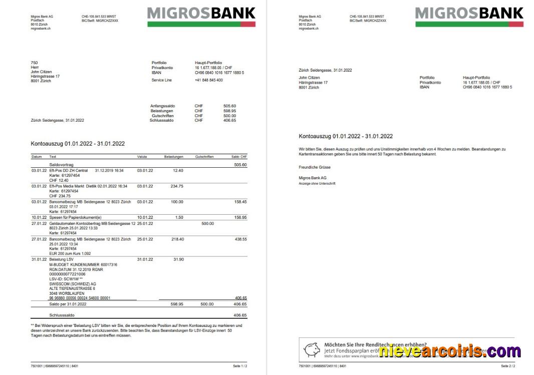 Switzerland Migrosbank statement 2 pages